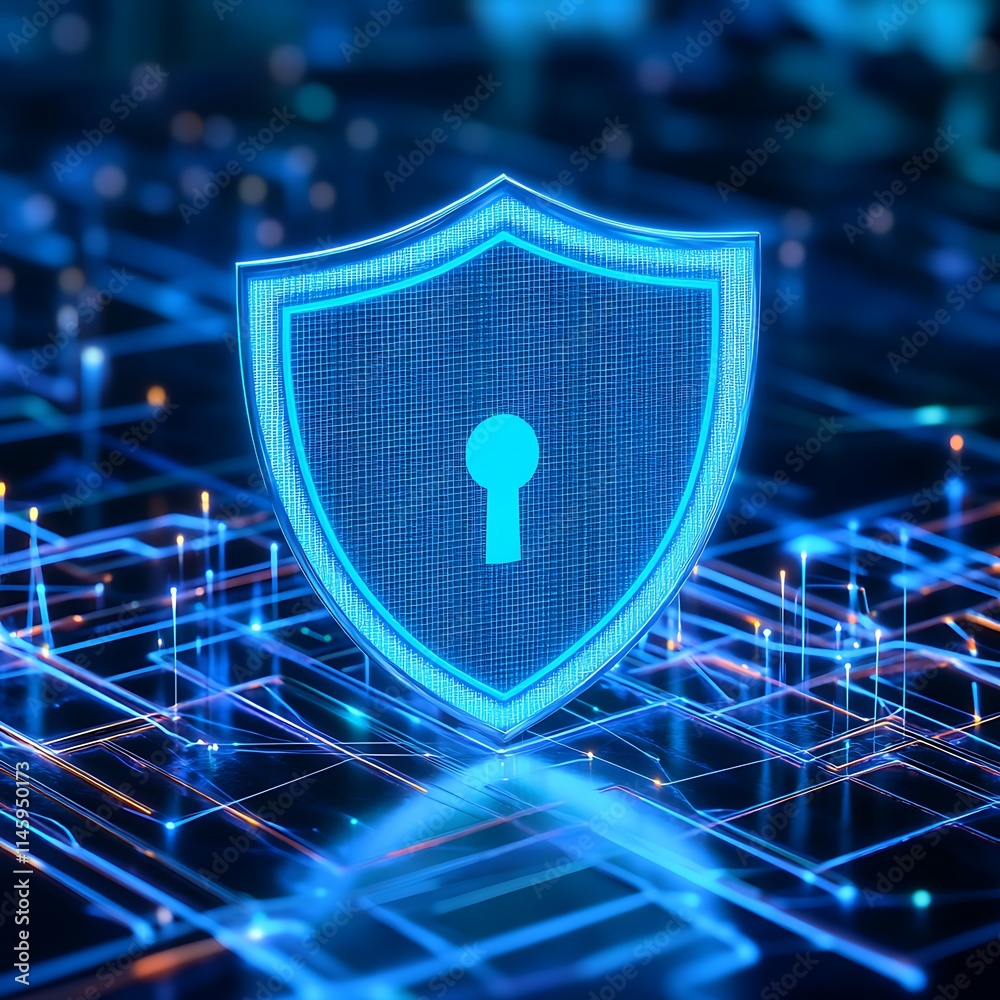 Poster blue digital shield with keyhole on circuit background representing cybersecurity and data protectio