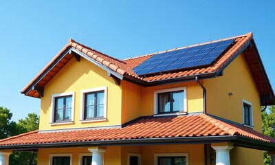 solar panels residential roof terracotta tiles yellow house
