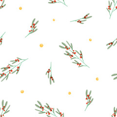 Fototapeta premium Seamless mistletoe pattern. Seasonal red berry branches, winter leaf plant, natural background. Endless repeating print for Christmas wrapping, fabric, textile design. Flat vector illustration