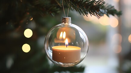 Glass Ornament Candle Hanging On Christmas Tree