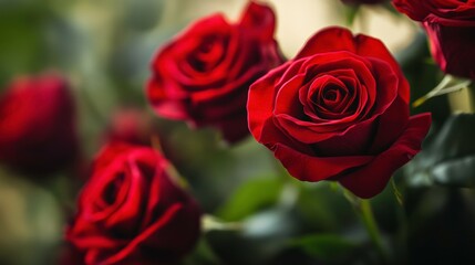Obraz premium A Breathtaking Close-Up of Fresh Red Roses with Lush Green Leaves, Perfect for Celebrations, Romantic Occasions, and Floral Arrangements