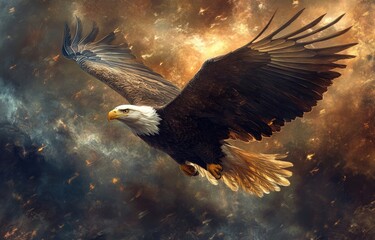 An eagle flying over an American flag background.