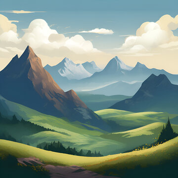 bamountain background with beautiful bright clouds in the morning, 3d illustrator mountain scenery backgroundckground hills 