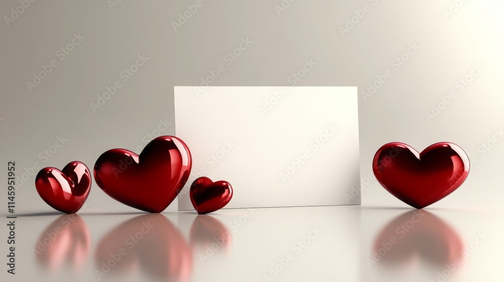 Fototapete Four red heart shapes of varying sizes surround a blank card on a smooth reflective surface. This setup creates a warm and inviting atmosphere suitable for celebrations or heartfelt messages.
