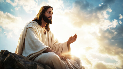 Majestic apparition of Jesus Christ in a heavenly landscape with hands raised in divine expression