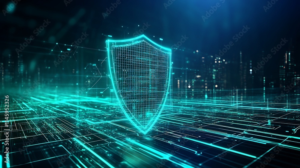 Poster digital shield concept in cybersecurity with futuristic data background and high-tech visual effects