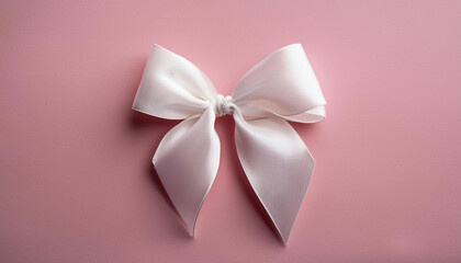 Bow made of white satin ribbon on light pink background.