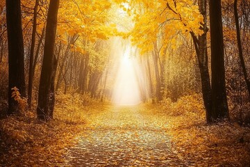 Fototapeta premium peaceful forest path blanketed with golden autumn leaves under soft sunlight