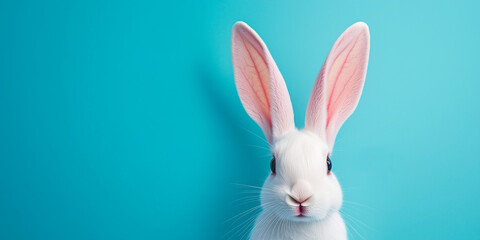 Obraz premium White rabbit in blue background. Generated AI