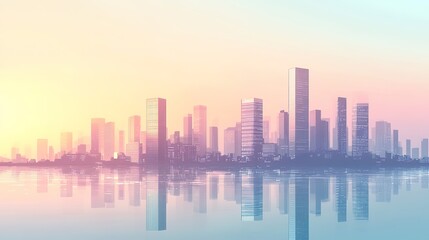 tranquil cityscape at dawn with skyscrapers reflecting first light