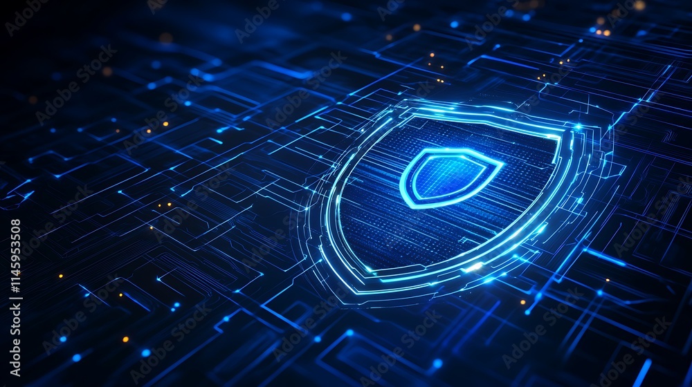 Poster digital shield design with circuit patterns and neon blue elements for cybersecurity concepts