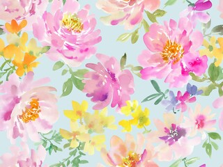 A seamless pattern of abstract peonies and flowers painted in watercolor. A floral wallpaper pattern in watercolor. A botanical pattern painted in watercolor for wedding invitations.