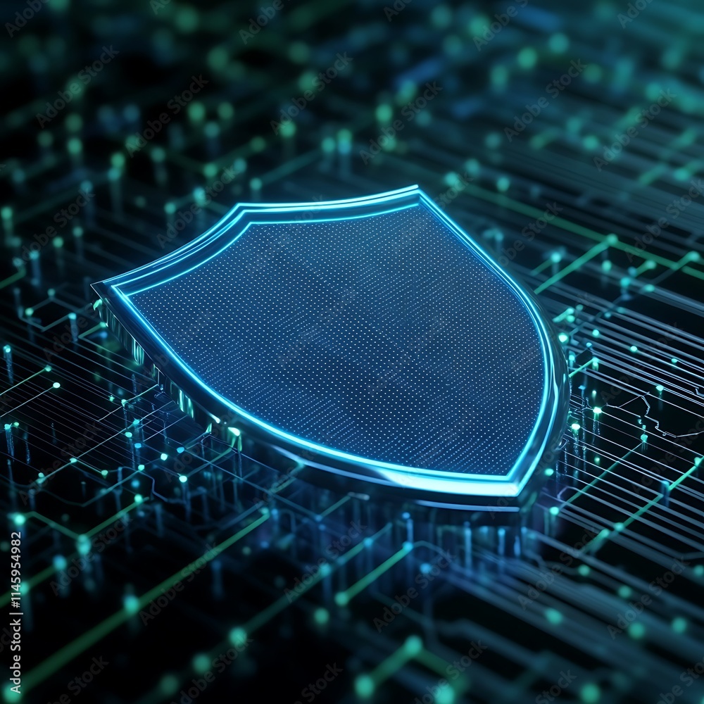 Poster digital shield icon with neon elements on circuitry background for cybersecurity concepts