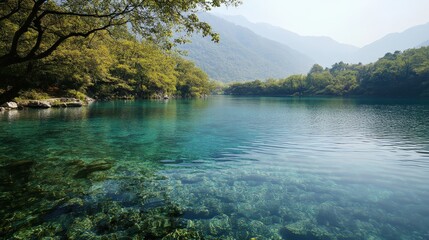 A scenic view of a mountain lake with glass-clear, healthy water
