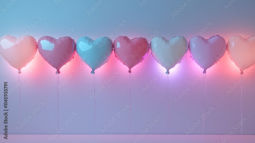 Poster Heart-shaped balloons in various pastel colors are arranged in a row, softly glowing with gentle illumination.