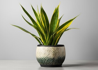 Snake plant with striking green and yellow leaves set in a modern textured pot, adding elegance to any interior space. Isolated on transparent background