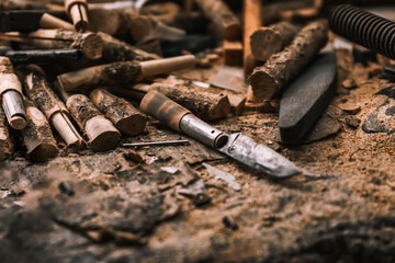 Tools and wood on a workbench