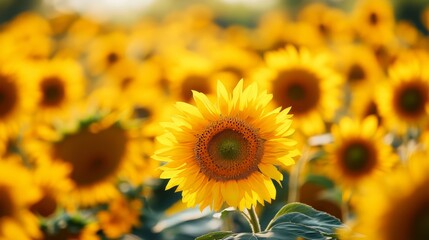 Obraz premium Vibrant sunflower landscape showcasing bright yellow blossoms across an expansive sunflower field, creating a picturesque backdrop filled with stunning sunflower beauty.