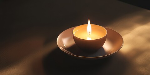 Candle casting light on a saucer while creating a subtle creeping shadow, showcasing the interplay of candle illumination and shadow effects in a serene setting.