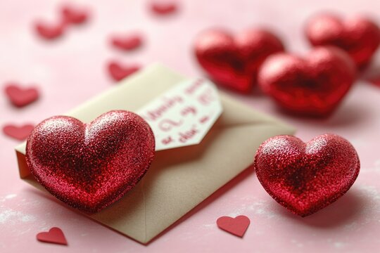 Valentine's day card with two red hearts on a pink background, ideal for romantic occasions and gifts - Powered by Adobe