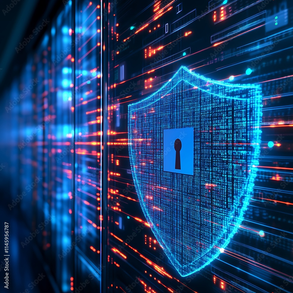 Poster digital shield symbolizing cybersecurity and data protection in a futuristic computer environment