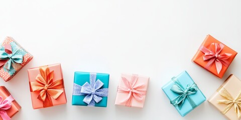 Colorful gift boxes adorned with bows and ribbons arranged on a white background, showcasing the beauty of gift boxes for various celebrations and special occasions. Perfect for gifting inspiration.