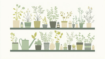 Shelves with potted plants and gardening tools.