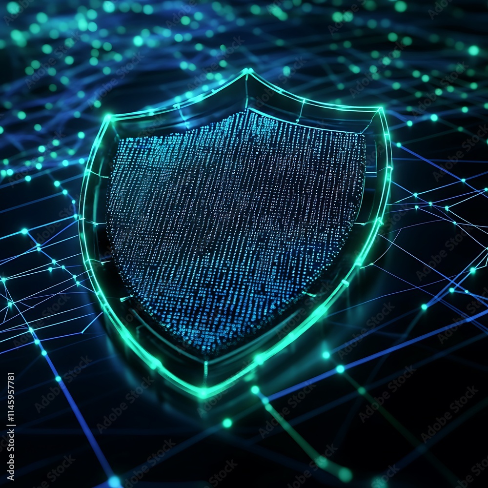 Poster digital shield symbolizing cybersecurity with data connections and glowing network background