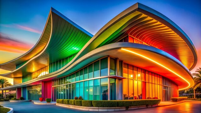 Close-Up Mid-Century Retro Googie Architecture: Bold Curves & Vibrant Colors