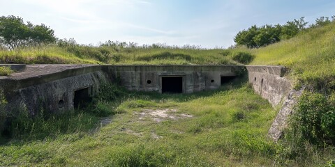 Abandoned concrete breastwork and fortified walls are prominent in the old military structures. This abandoned site is overgrown with green grass, providing a panoramic view of the unique