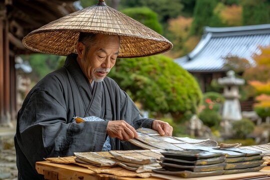Elderly Asian Man in Straw Hat Inspecting Pottery