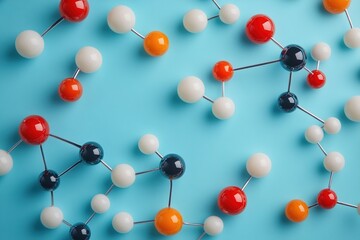 Obraz premium Colorful molecular model on blue background, science concept.