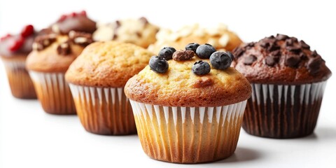 Delicious homemade muffins displayed in a studio setting, isolated on a clean white background. These tasty muffins are perfect for showcasing the delightful appeal of baked goods.