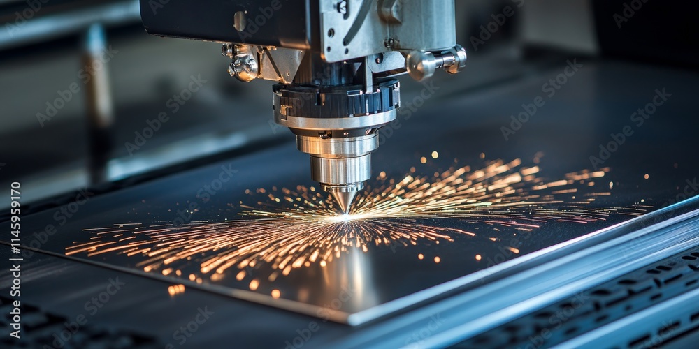 Aufkleber Close up view of a fiber laser cutting machine performing precise cuts on a metal plate. This advanced fiber laser cutting machine is essential in the high tech sheet metal manufacturing process.