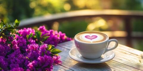 A warm cappuccino with heart shaped foam sits in a white cup on a table, surrounded by dark purple azalea flowers and a wooden bridge in a sunny park morning.