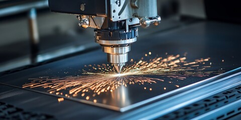 Close up view of a fiber laser cutting machine performing precise cuts on a metal plate. This advanced fiber laser cutting machine is essential in the high tech sheet metal manufacturing process.