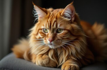 Maine coon. Red cat with long hair lies on sofa. Ginger cat has greenish-yellow eyes and a pink nose.