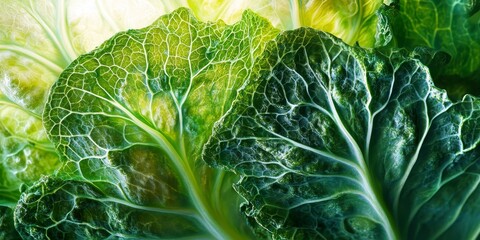 Macro photography showcasing all shades of green in cabbage leaves. This captivating macro photography highlights the intricate details and vibrant hues of cabbage leaves in a kitchen setting.