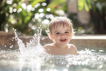 Obraz premium portrait of laughing child splashing water in garden fountain during summer