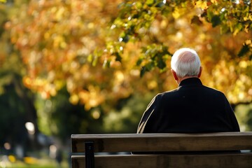 Fototapeta premium Elderly Man Sitting on Bench in Autumn Park