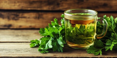 Herbal tea in a mug alongside fresh green parsley leaves on a wooden table. This aromatic herbal tea features the beneficial properties of parsley, an essential plant for cooking and wellness.