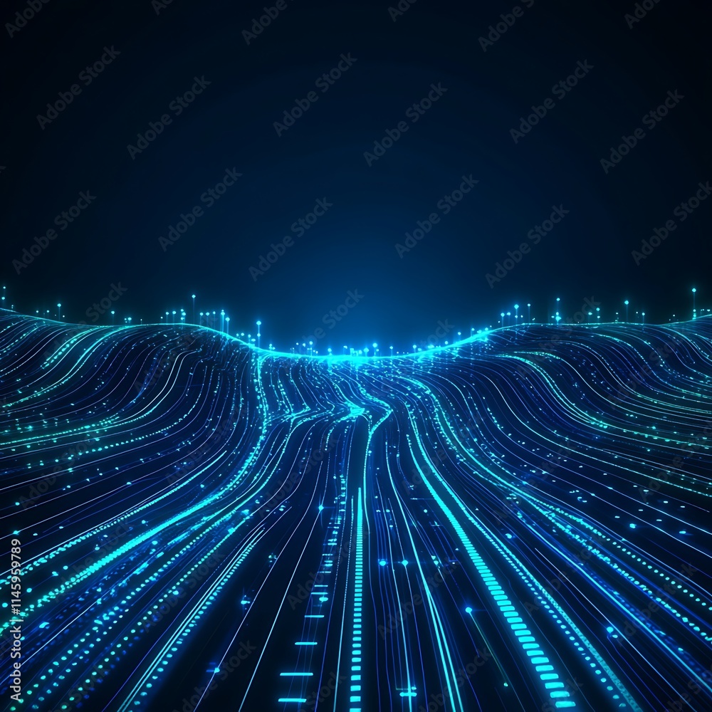 Poster futuristic abstract data flow with glowing lines and waves in deep blue background