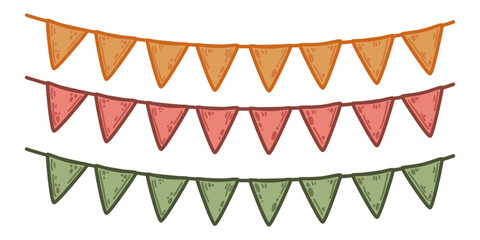 Trio of colorful bunting strings in orange, red, and green hues. Vector set illustration in simple cartoon style festive decor ideal for woodland or rustic-themed celebrations