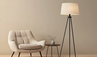 A black metal floor lamp with a white pleated shade. The base is circular and wooden, Generative AI 