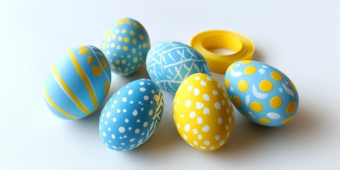 Fototapeta premium Five handmade Easter eggs in blue and yellow are arranged in a circle on a white background, complemented by a touch of yellow tape in the corner, showcasing vibrant Easter egg artistry.