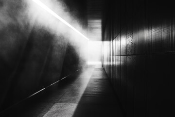 A black and white photograph of an old hallway with a wooden floor, showing the simplicity and...