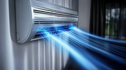 Obraz premium A split air conditioner installed in a bedroom, ensuring a restful nights sleep with its silent and efficient cooling technology