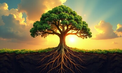 Majestic tree of life intricate root system golden