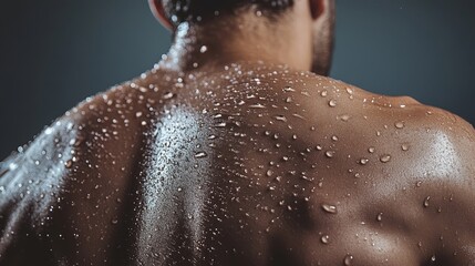 Closeup of a man showcasing water drops on his back, emphasizing skincare hygiene and fitness. This image highlights health and dermatology in relation to workout, exercise, and muscle training sweat.