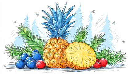 Pineapples on the background of Christmas trees. Fruits and greenery at New Year time. Beautiful drawing illustration of pineapples and conifers